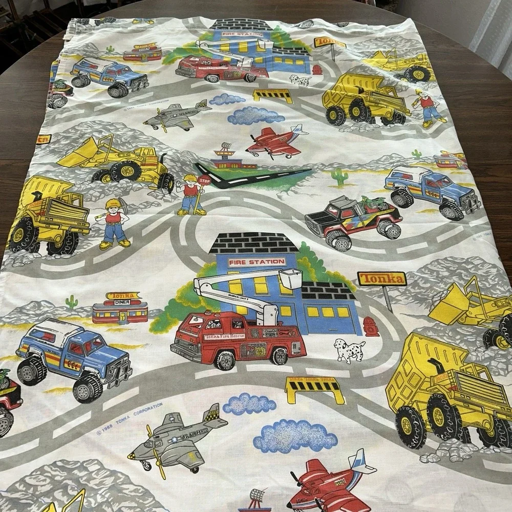 Vintage Tonka Truck Flat And Fitted Sheet Set Construction Planes Fire trucks
